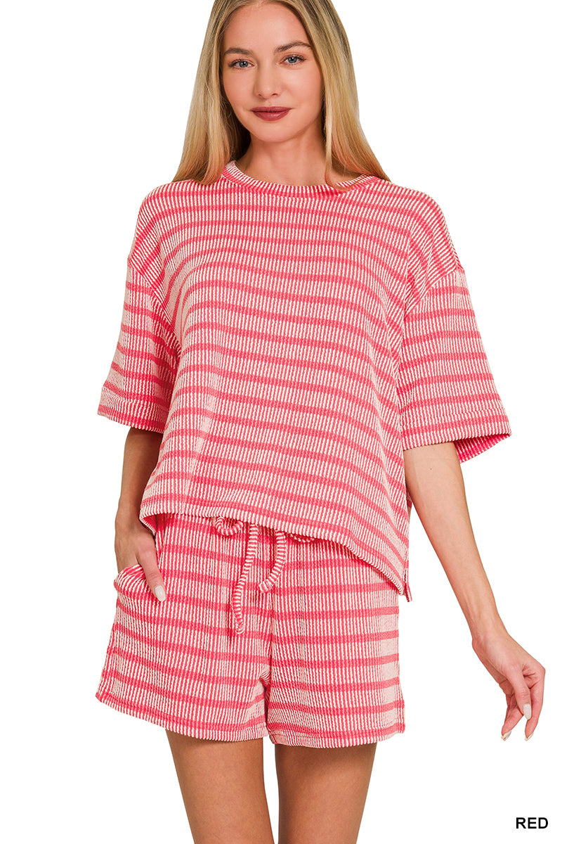 Red Ribbed Shorts Set