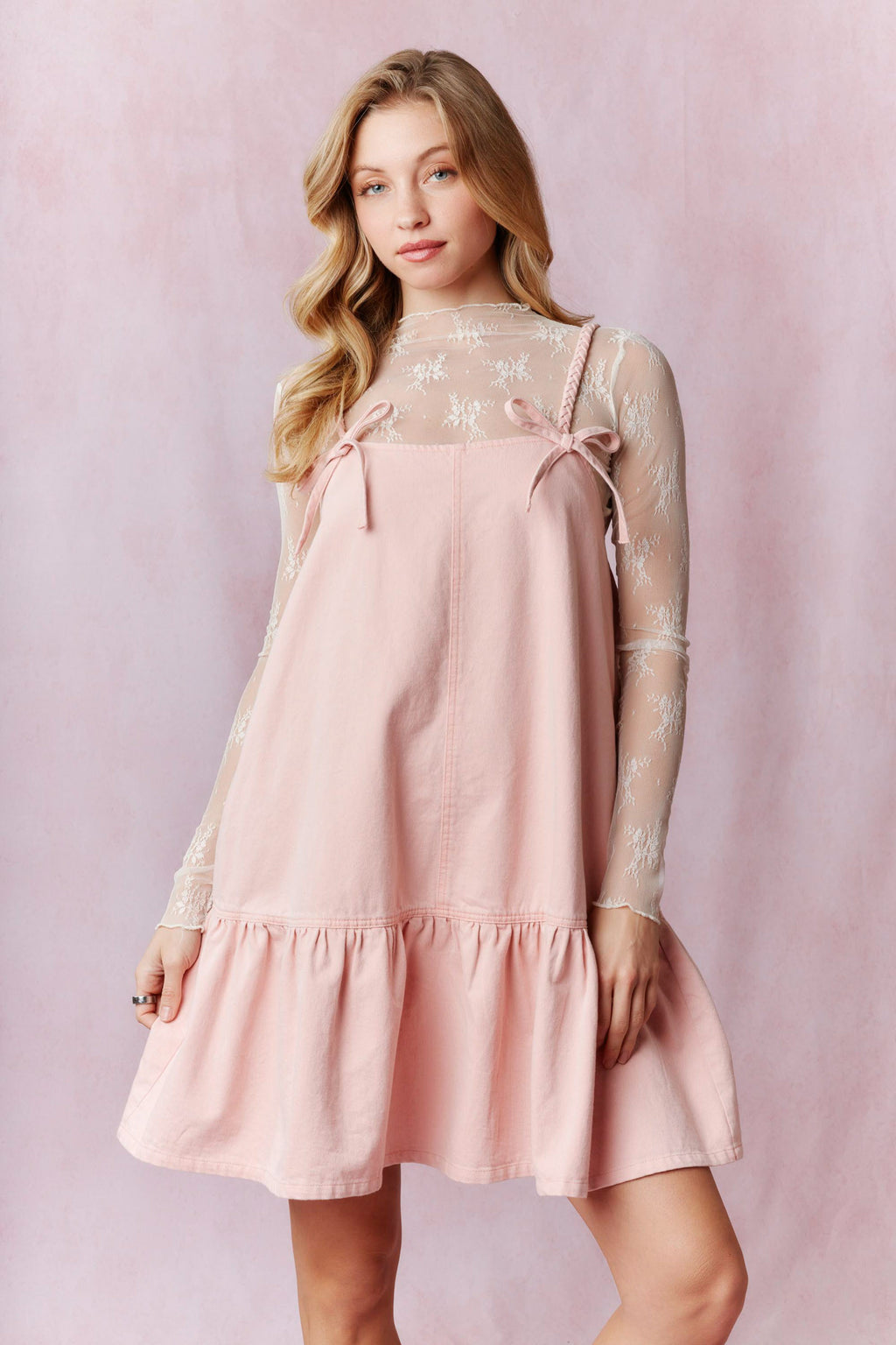 PINK Braid Spaghetti with Bow Detail Washed Denim Mini Dress