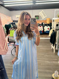 Blue and Tan Striped Vertical Midi Dress