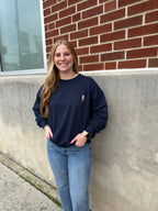 NAVY LONG SLEEVE TEDDY EMBROIDERY KNIT TOP