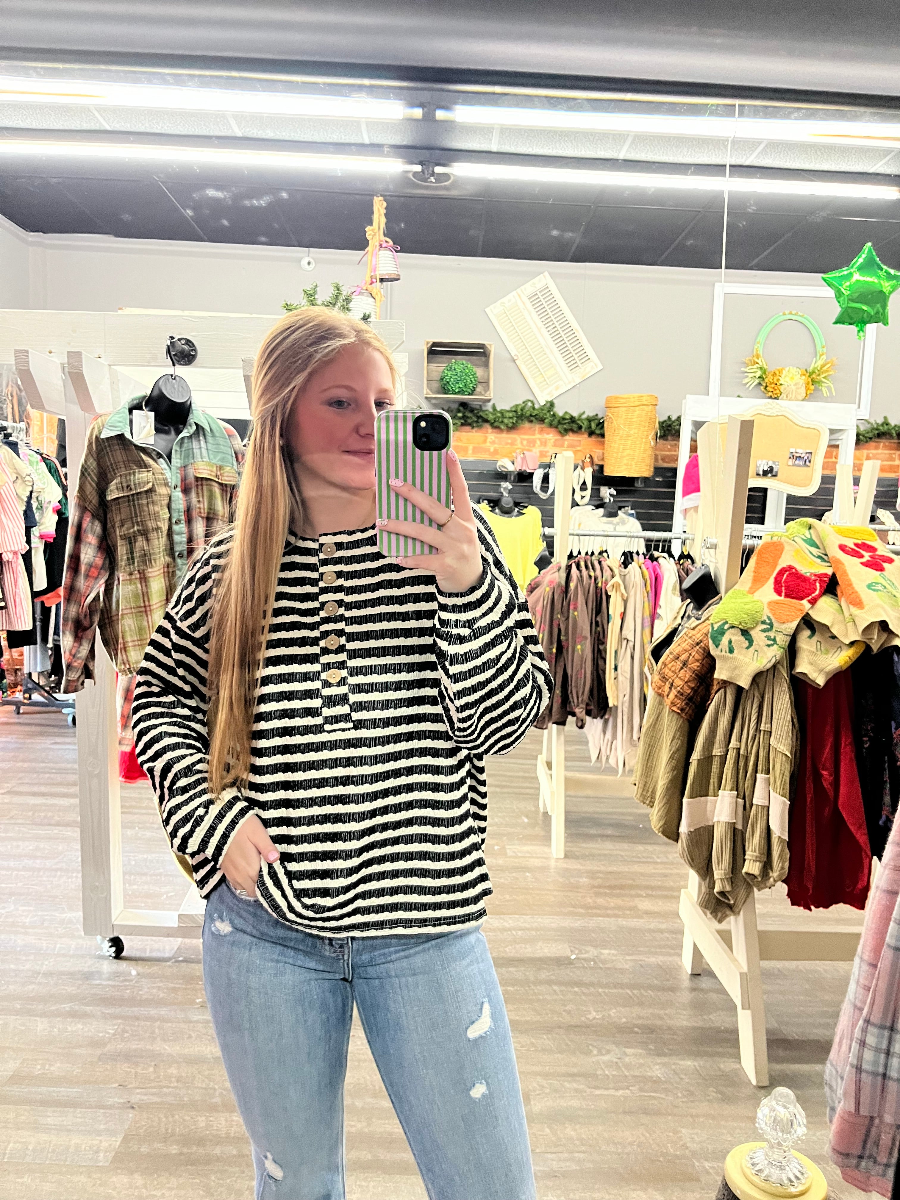 Black Striped Henley Top
