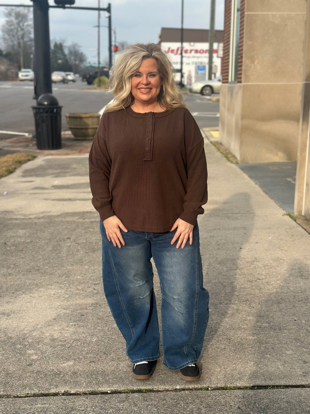 Brown Ribbed Henley Top
