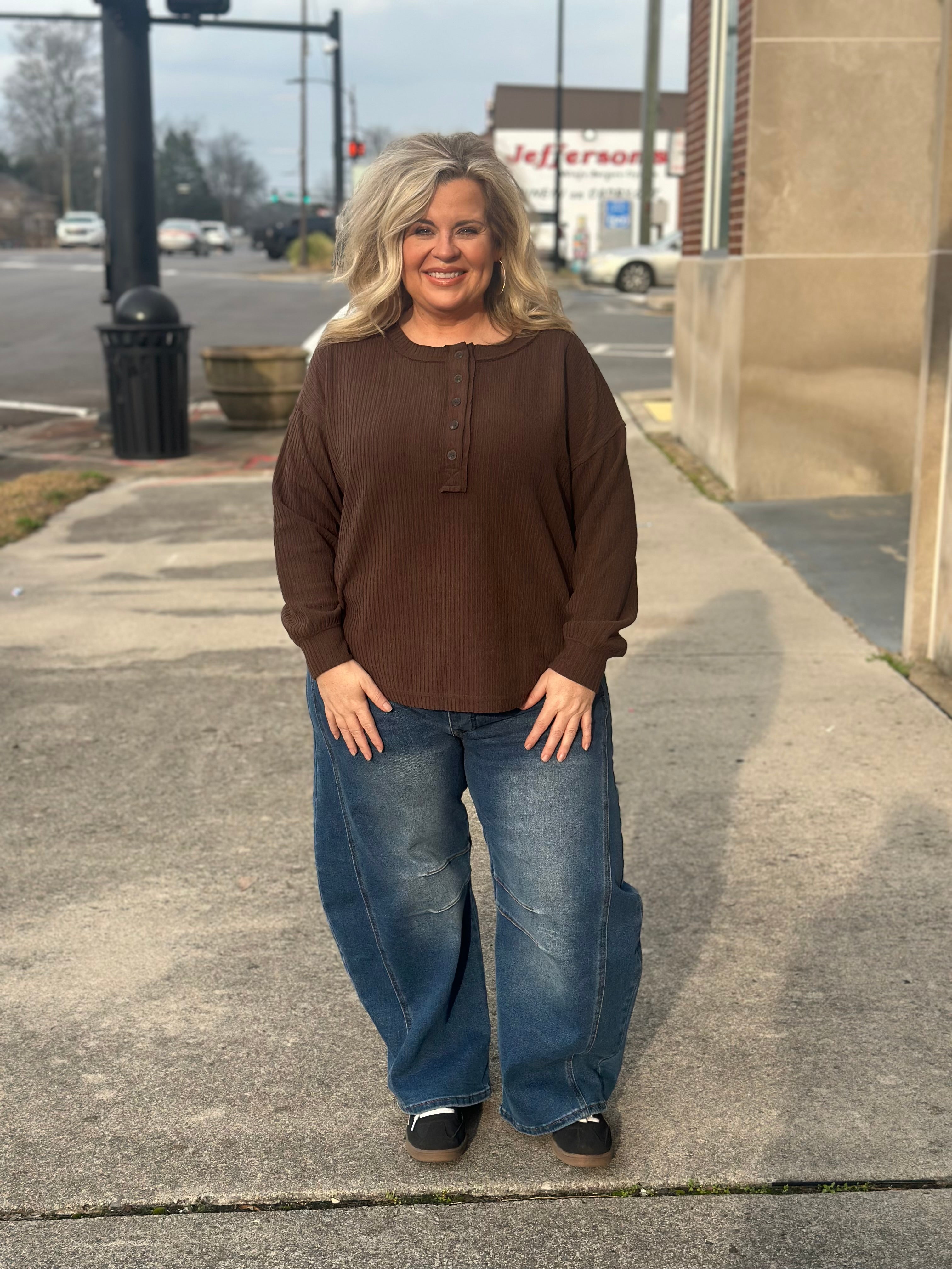 Brown Ribbed Henley Top
