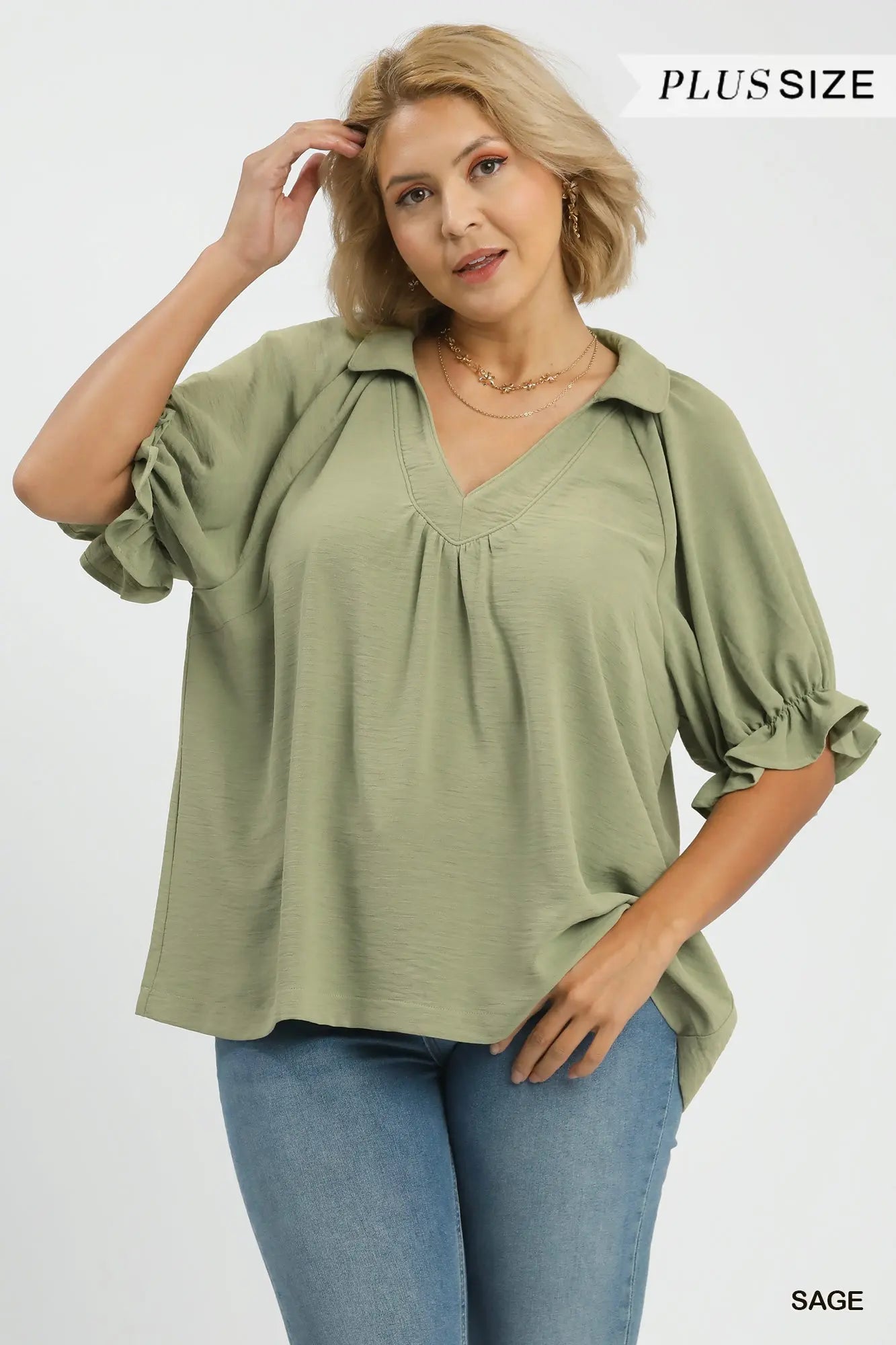 Curvy Sage Collared Top