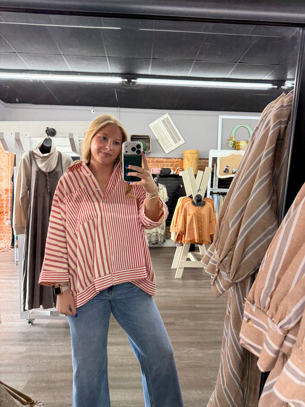 Raspberry Mixed Stripe Button Down
