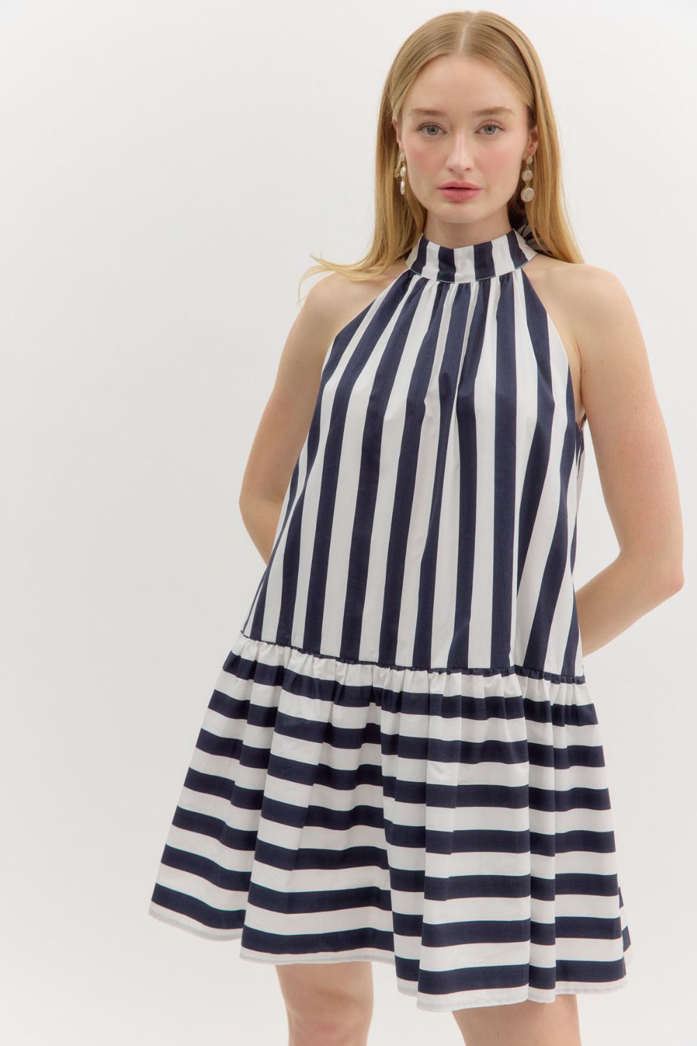 Navy Striped Halter Neck Dress