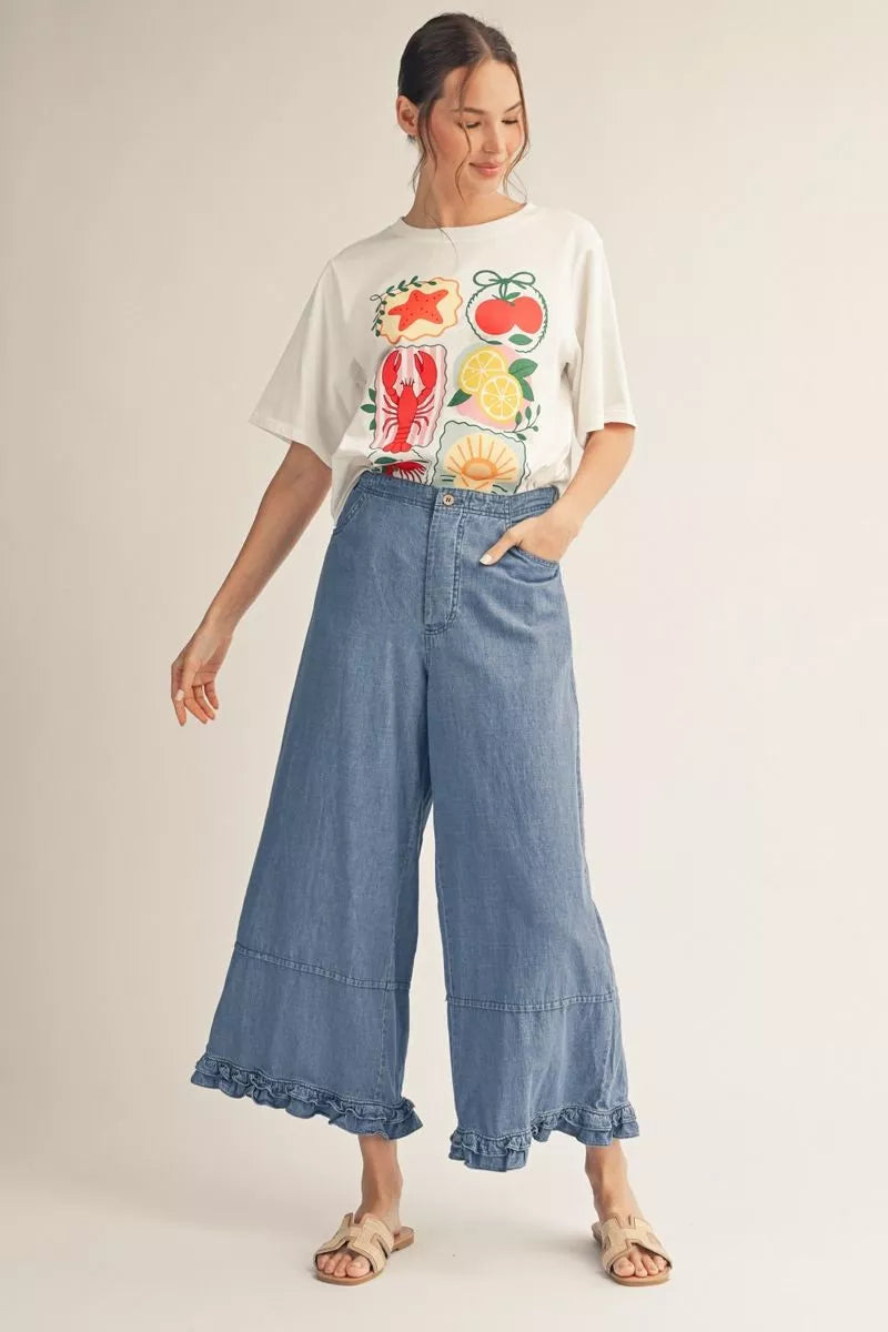 Denim Pants with Ruffle Hem