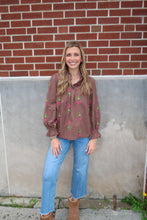 Load image into Gallery viewer, Brown Embroidered Ruffle Neck Top
