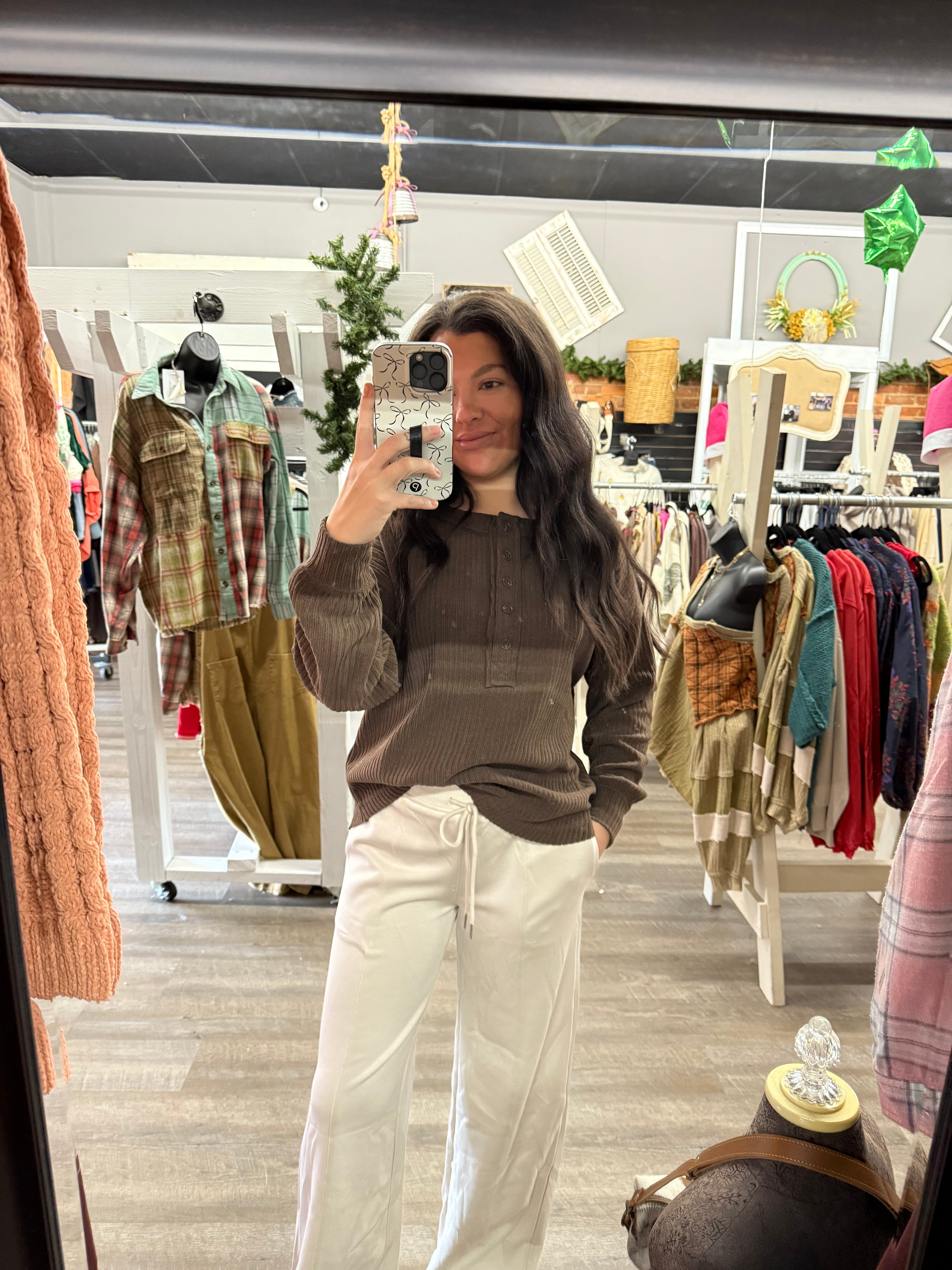 Brown Ribbed Henley Top