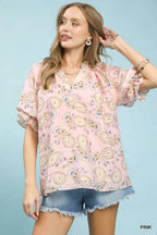 Pink Paisley Bubble Sleeve Top