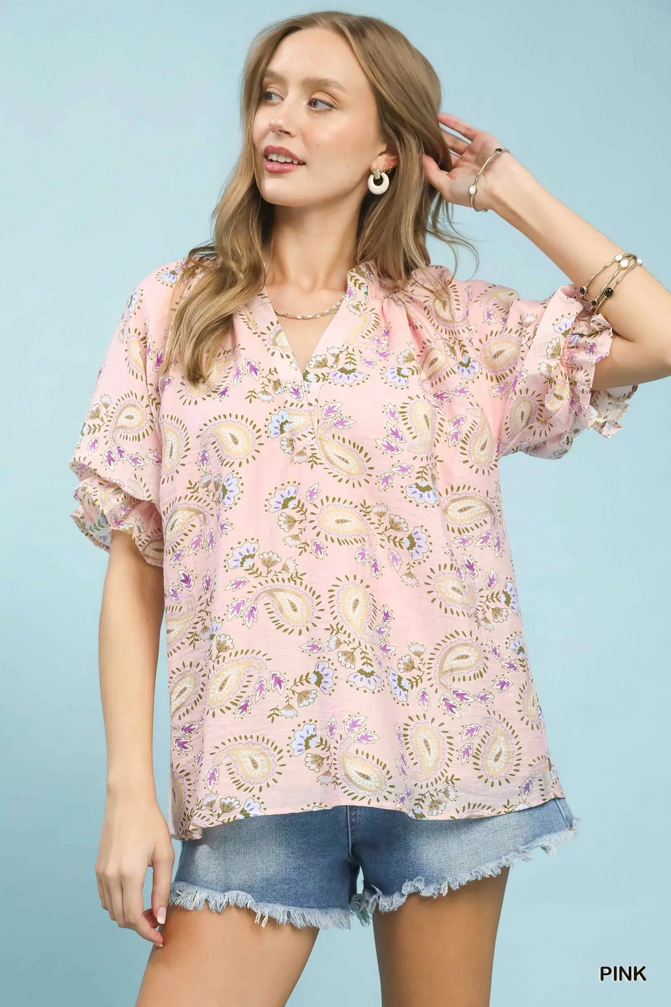 Pink Paisley Bubble Sleeve Top