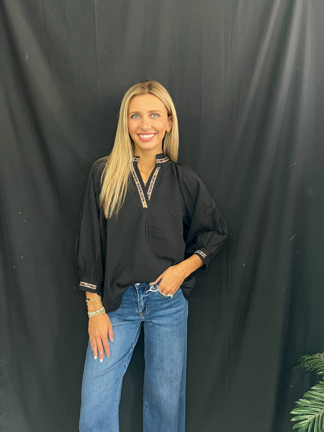 Black Puff Sleeve V-Neck