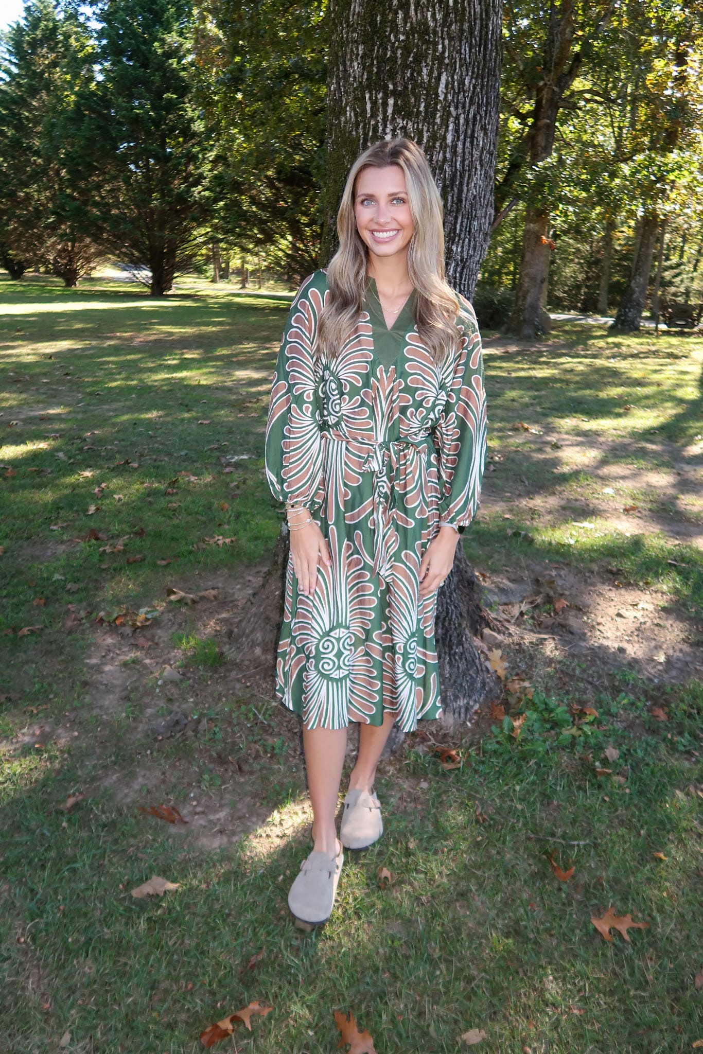 Green Abstract Print Midi Dress