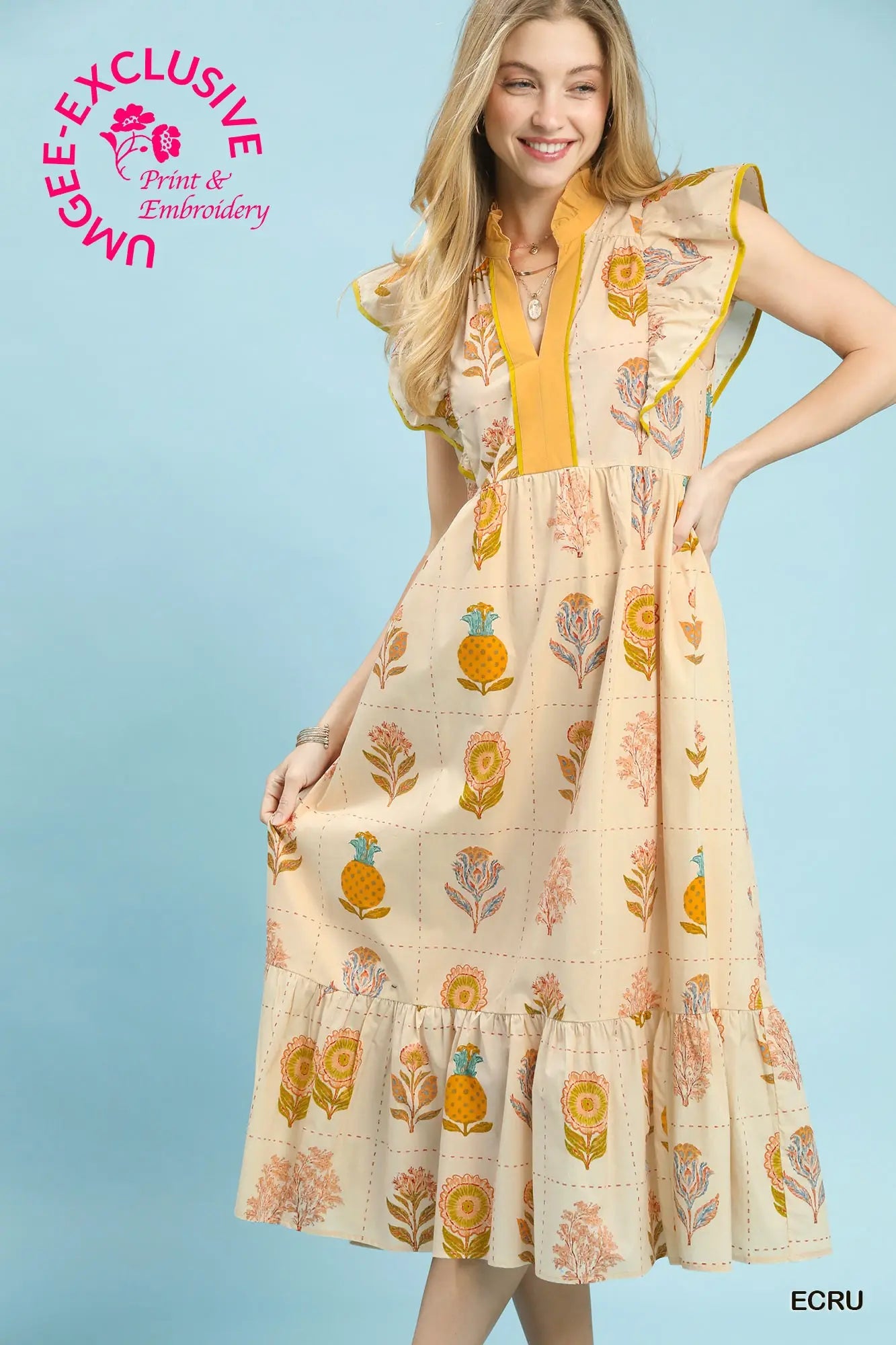 Cream Printed Midi Dress