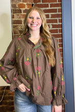 Load image into Gallery viewer, Brown Embroidered Ruffle Neck Top
