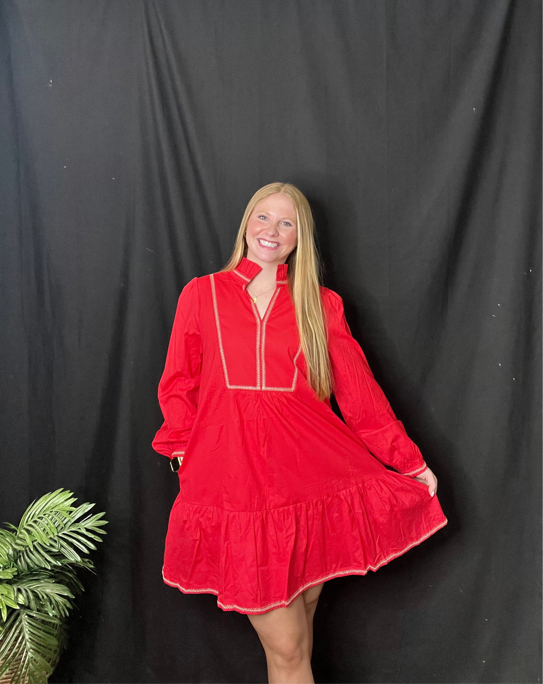 Red Ruffled Neckline Dress