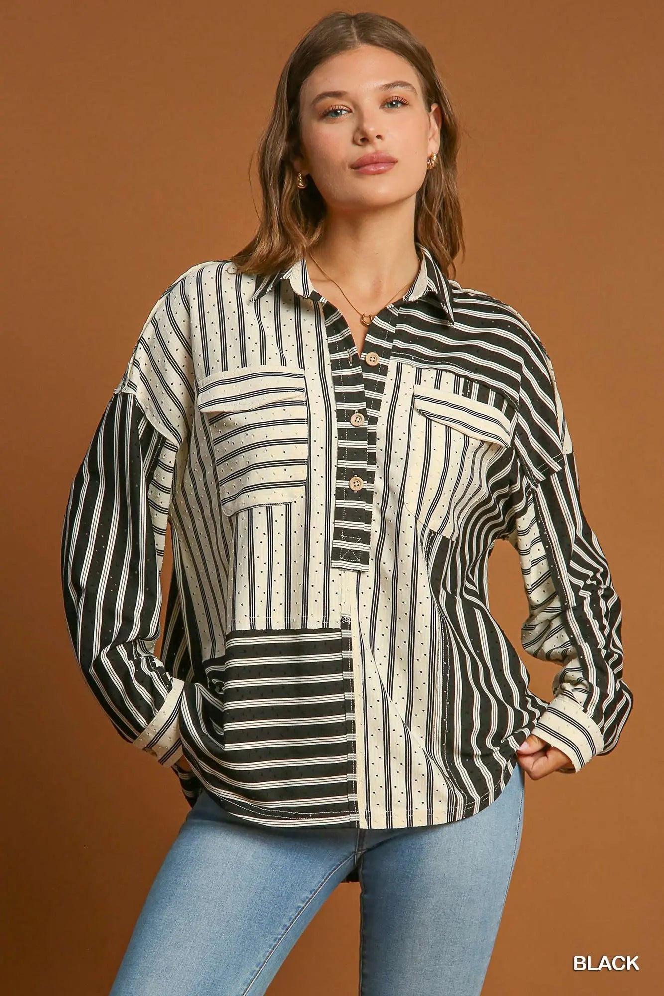 Black Stripe Collared Top