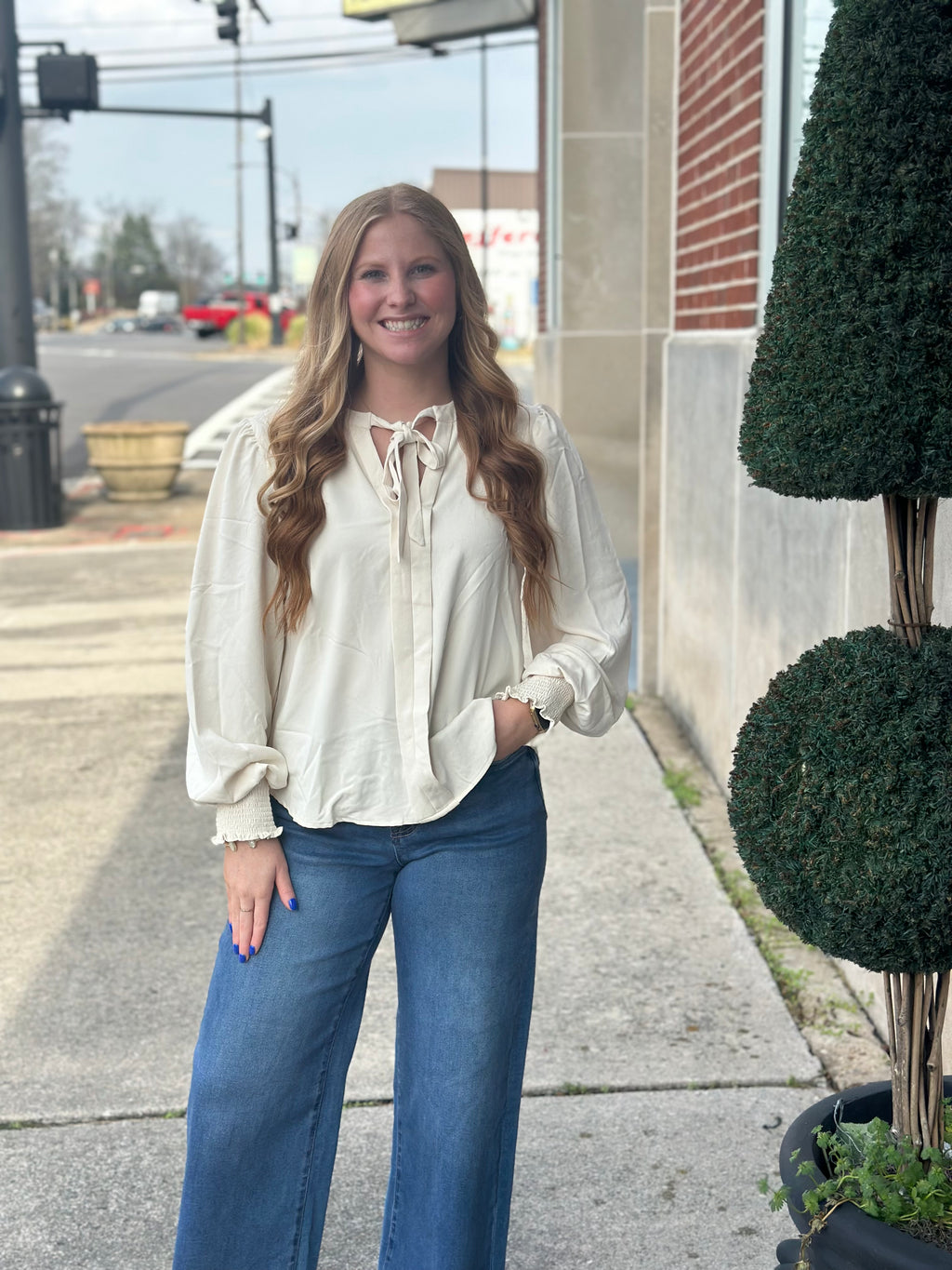 Necktie Smocked Cuff Top