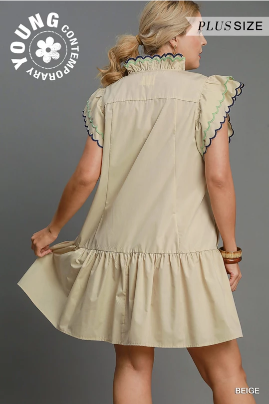 Curvy Beige Scalloped Sleeve Dress