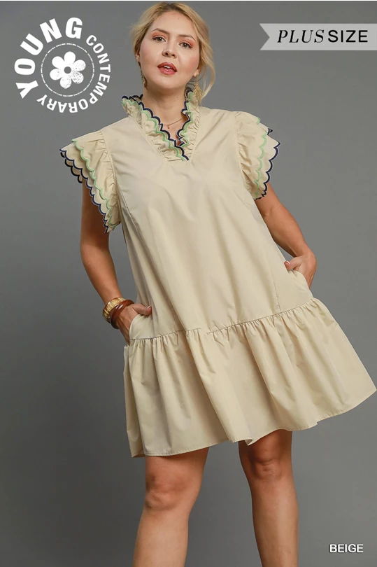 Curvy Beige Scalloped Sleeve Dress