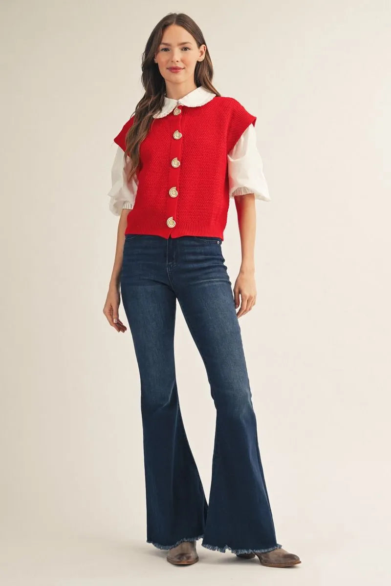 Red Vest with Shell Button Accent