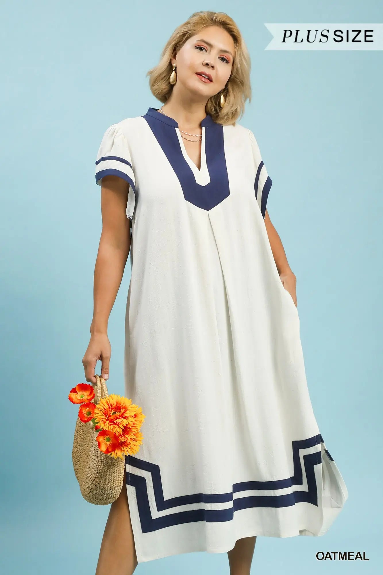 Curvy Linen Oatmeal Midi Dress