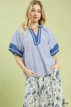 Blue Striped VNeck Top