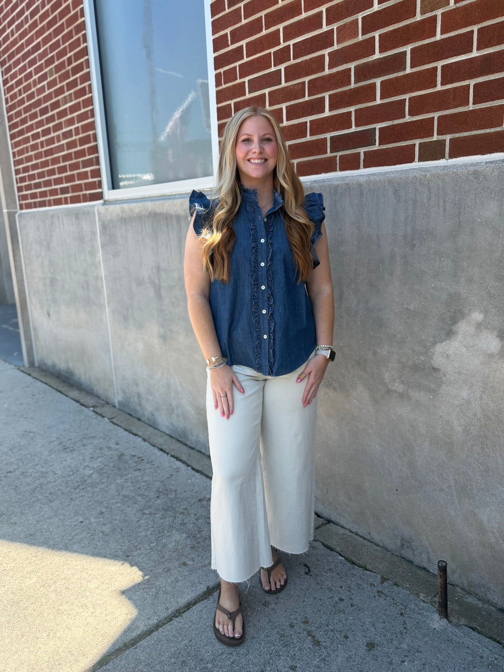 Washed Denim Ruffle Cap Sleeve Top