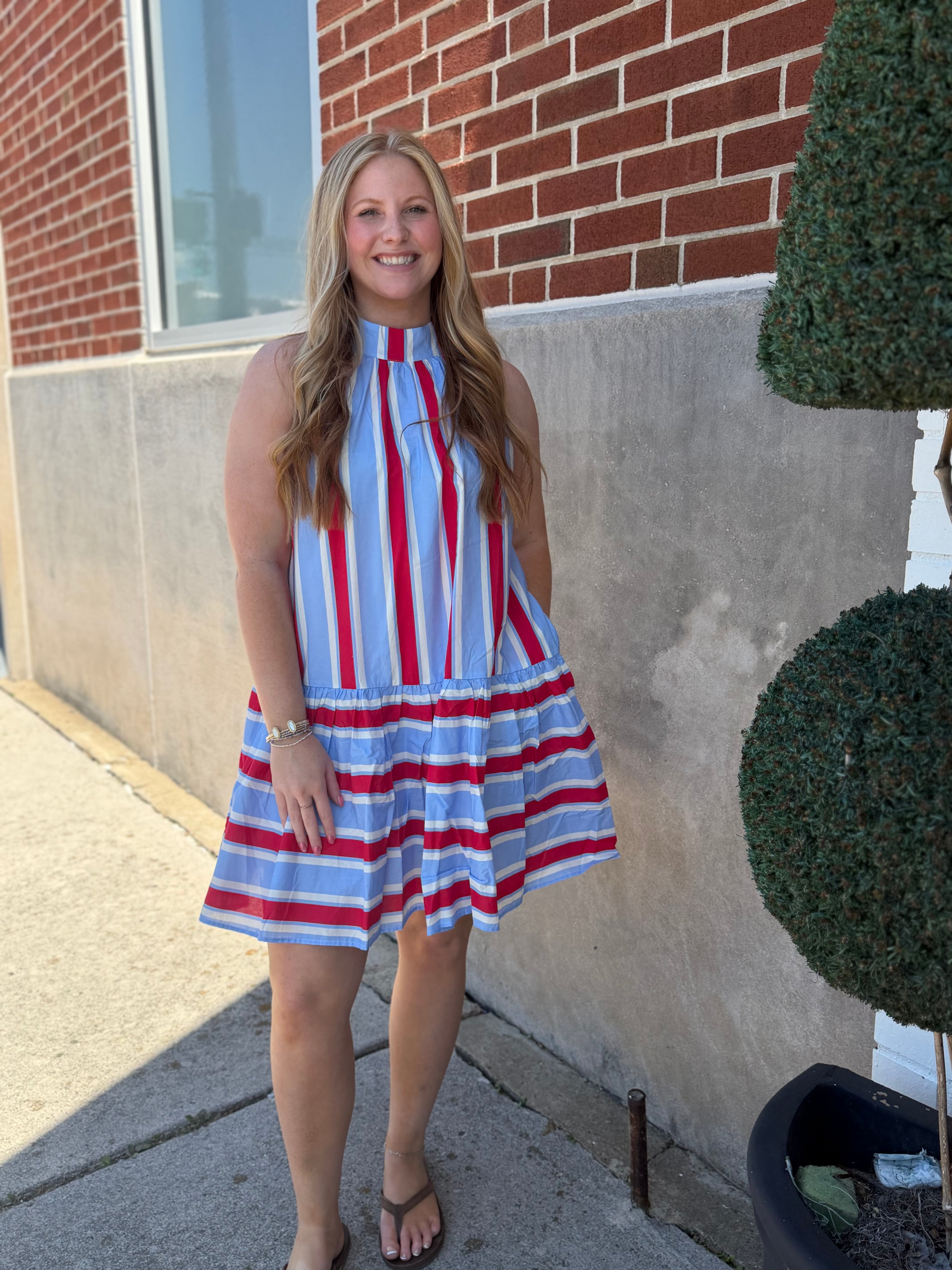 Blue & Red Vertical Striped Dress