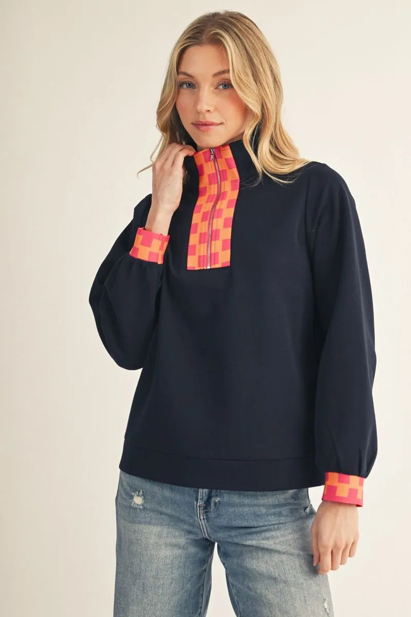 Navy Geo Pattern Zip Sweatshirt