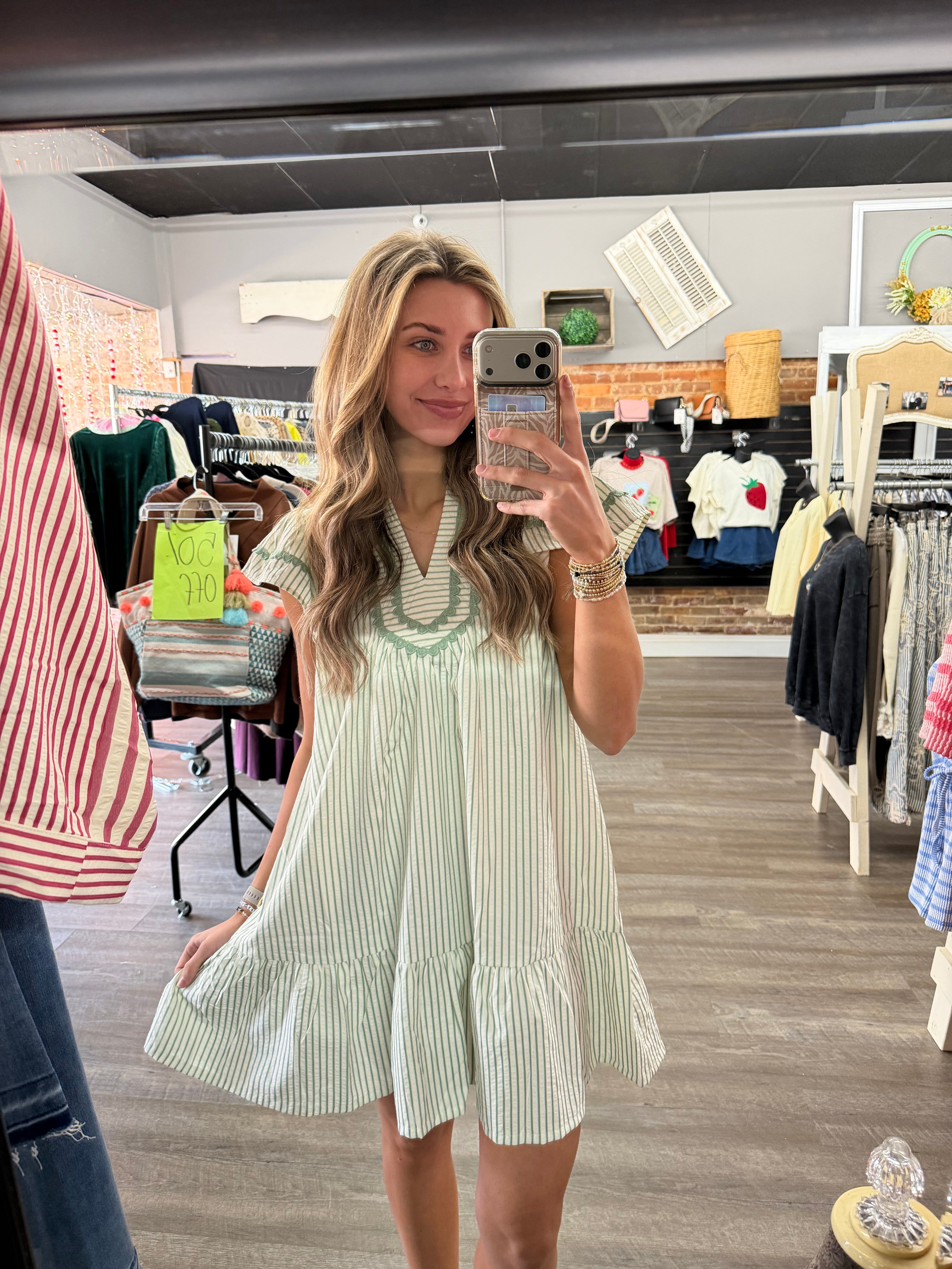 Sage Pinstripe Ruffle Hem Tunic Dress