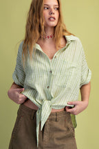 Front Tie Striped Linen Button Down
