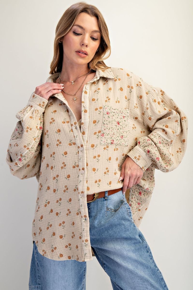 Curvy Khaki Gauze Floral Button Down