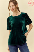Curvy Green Puff Sleeve Velvet Top