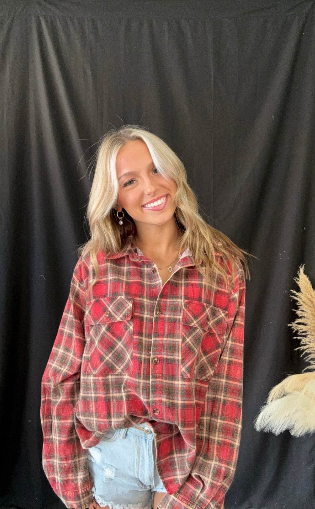 Red Plaid Mineral Wash Top