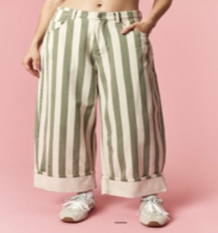 Sage Striped Rolled Barrel Jeans
