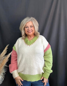 Curvy Oatmeal Color Block Knit Sweater