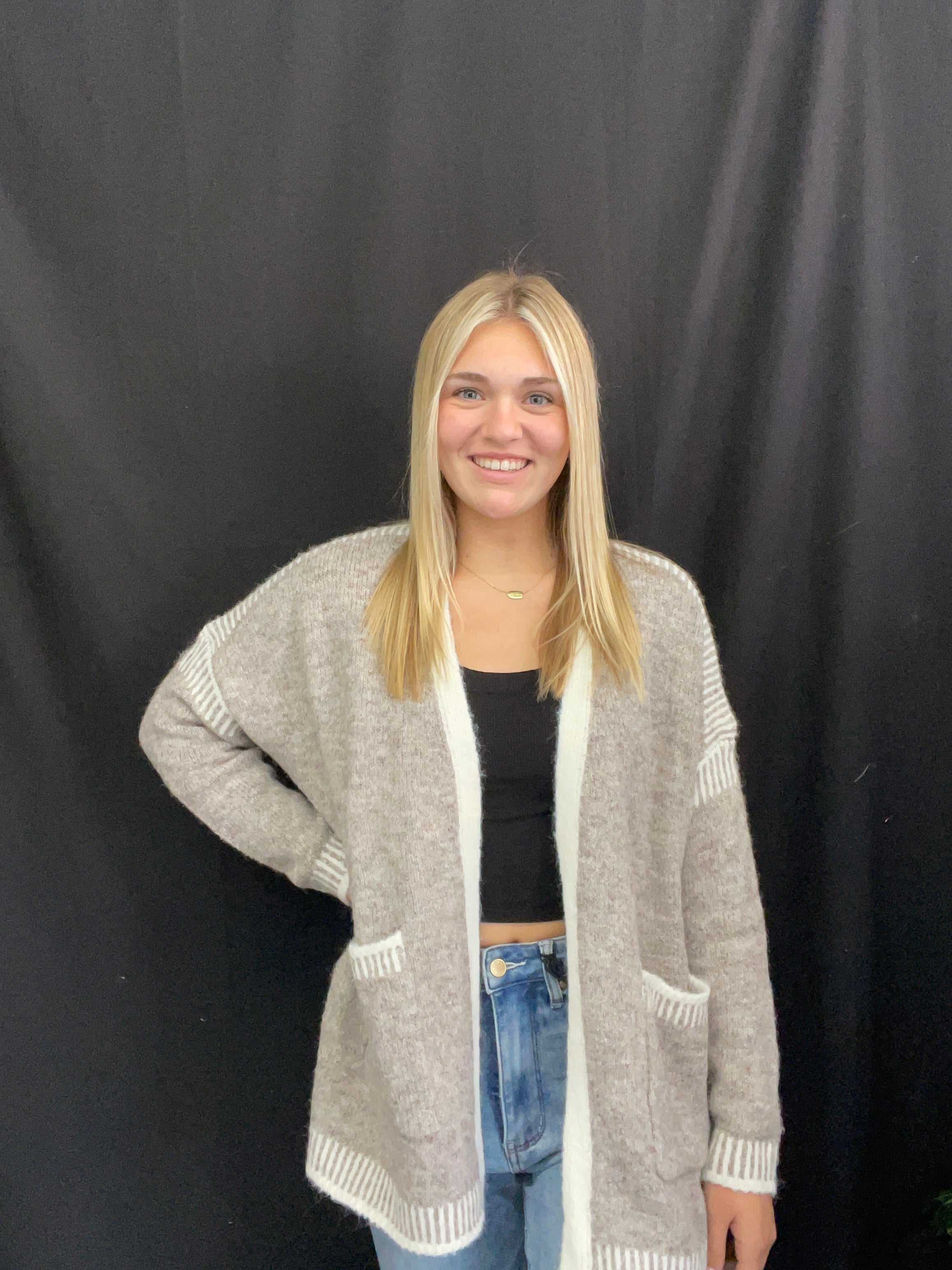 Khaki Cardigan w/Contrast Stitching