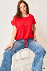 Red Drawstring Linen Blend Top