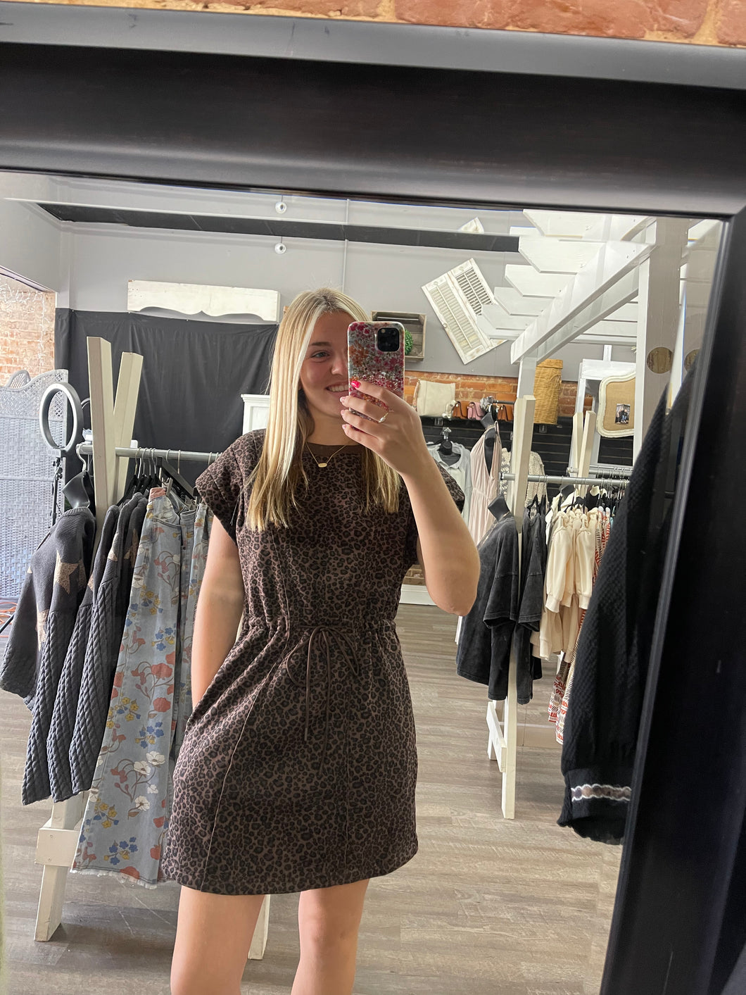 Leopard Print Drawstring Waist Dress