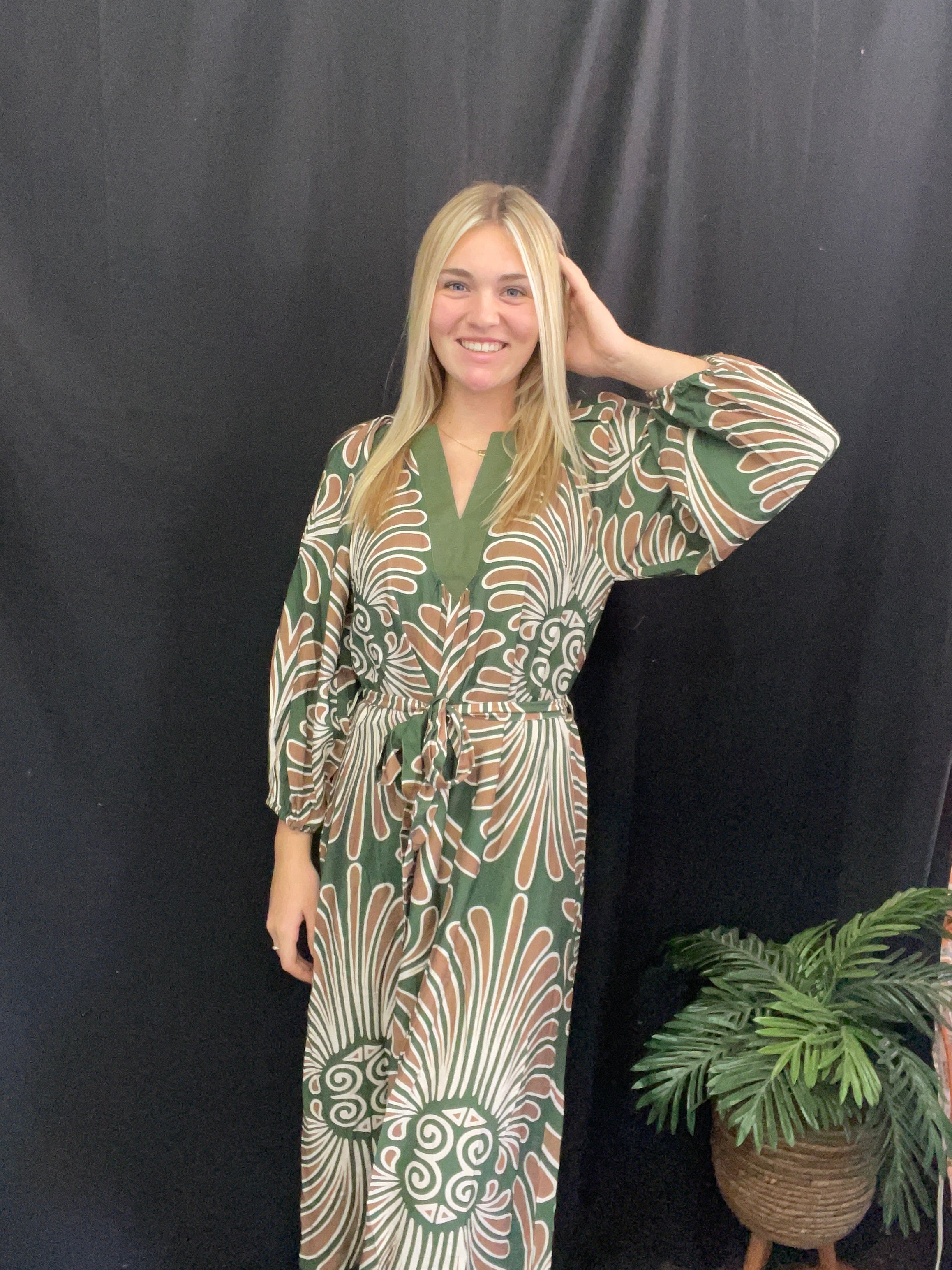 Green Abstract Print Midi Dress