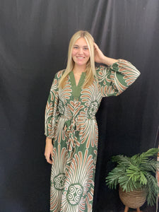 Green Abstract Print Midi Dress