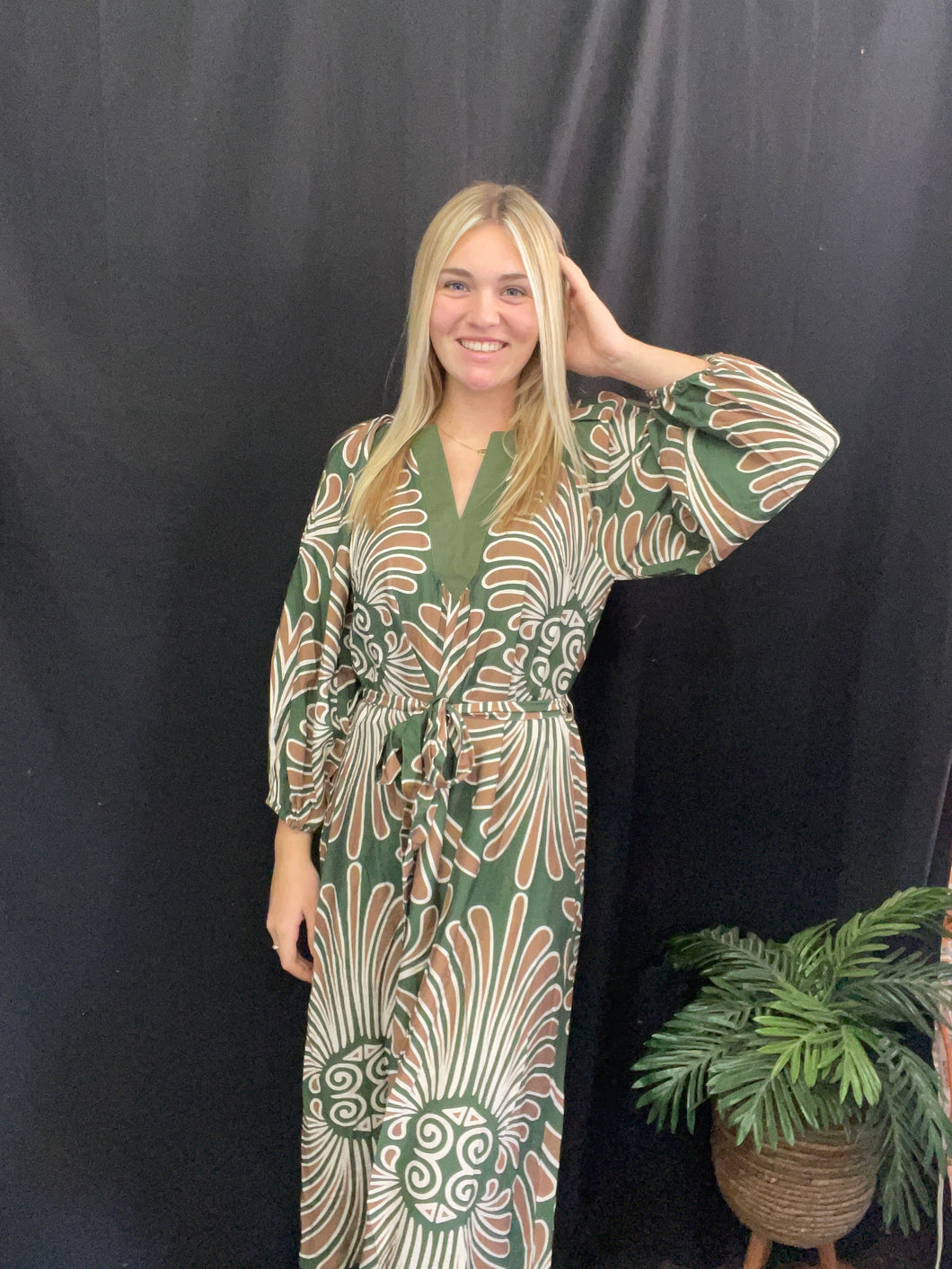 Green Abstract Print Midi Dress