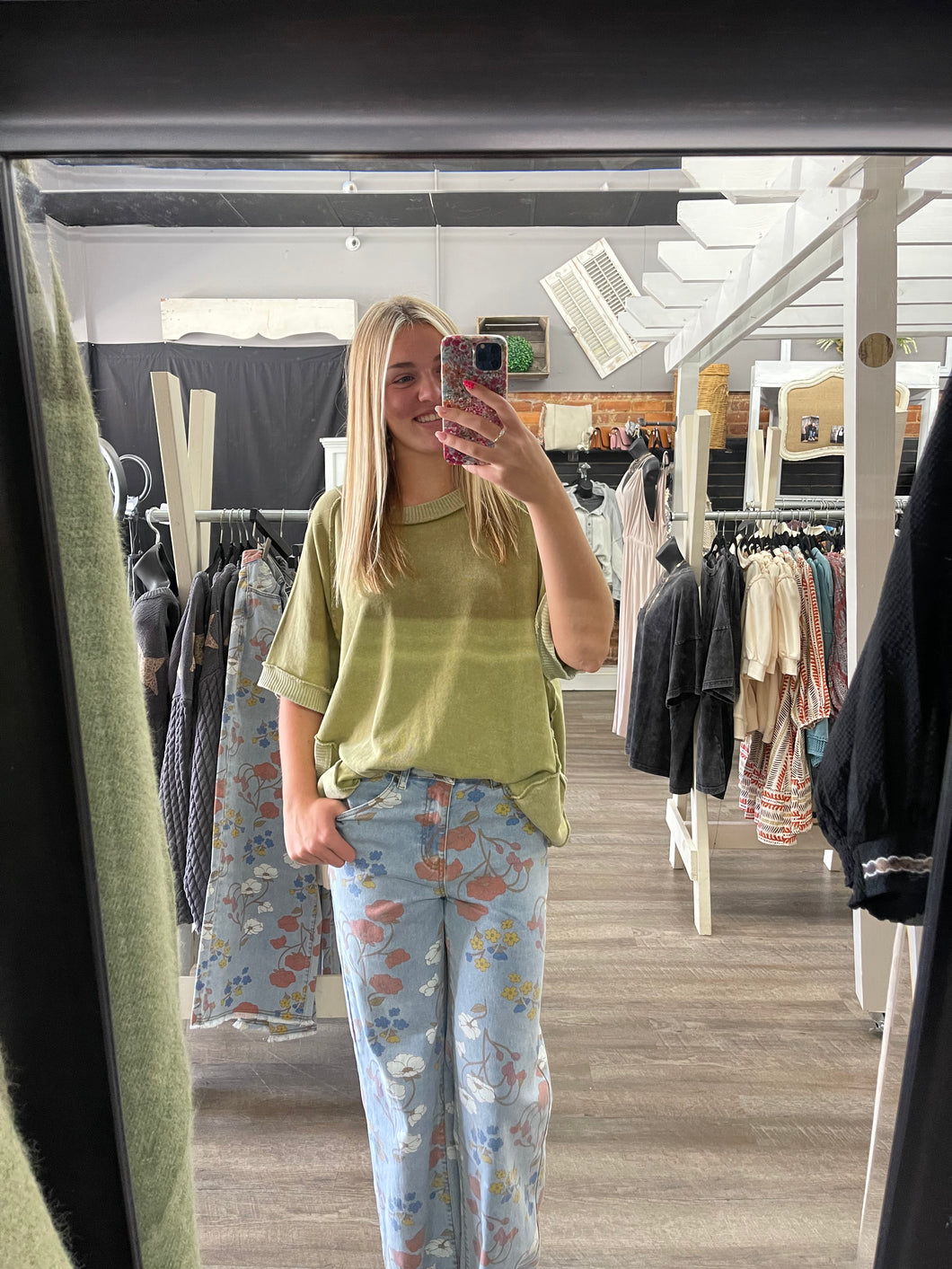 Floral Print Washed Pants