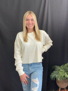 Cream Ribbed Cropped Waffle Top