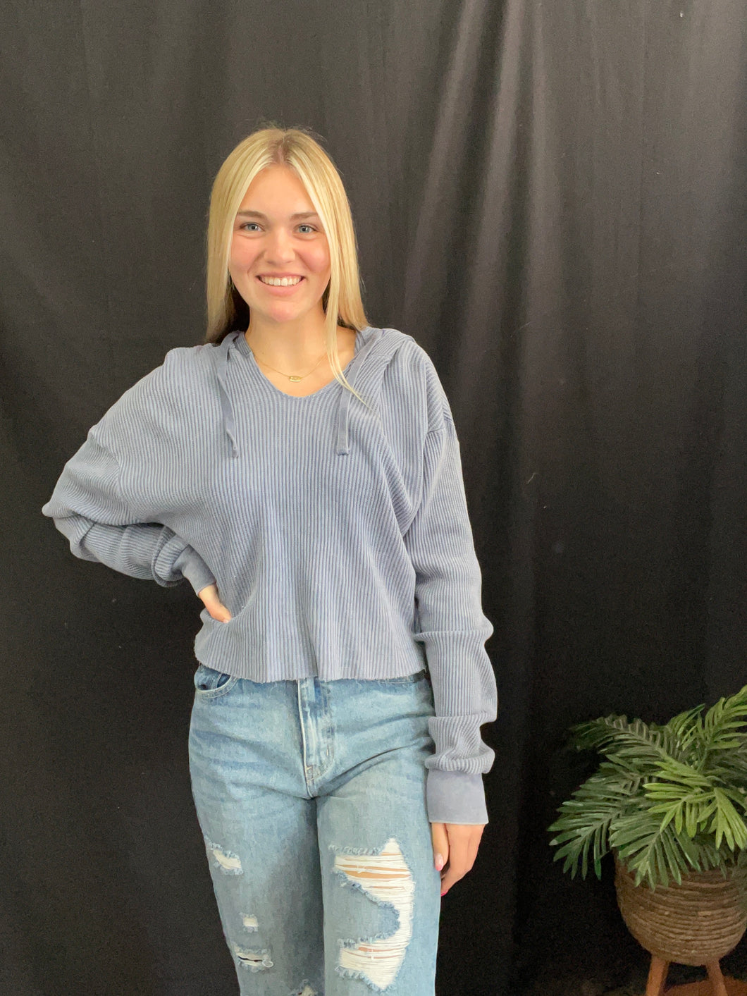 Dusty Indigo Cropped Waffle Hoodie