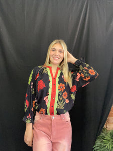 Black Floral Button Front Top