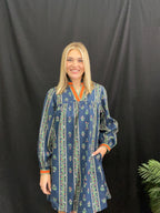 Navy Floral Standing Ruffle Neckline Dress
