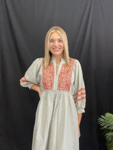 Load image into Gallery viewer, Light Olive Puff Stipe Sleeve Midi Dress
