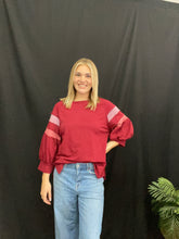 Load image into Gallery viewer, Burgundy Sweatshirt w/Colorblock Sleeve

